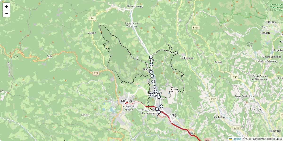 Nahverkehrsnetz in barnbach, Österreich - Buslinien, Haltestellen und Verbindungen auf der Karte