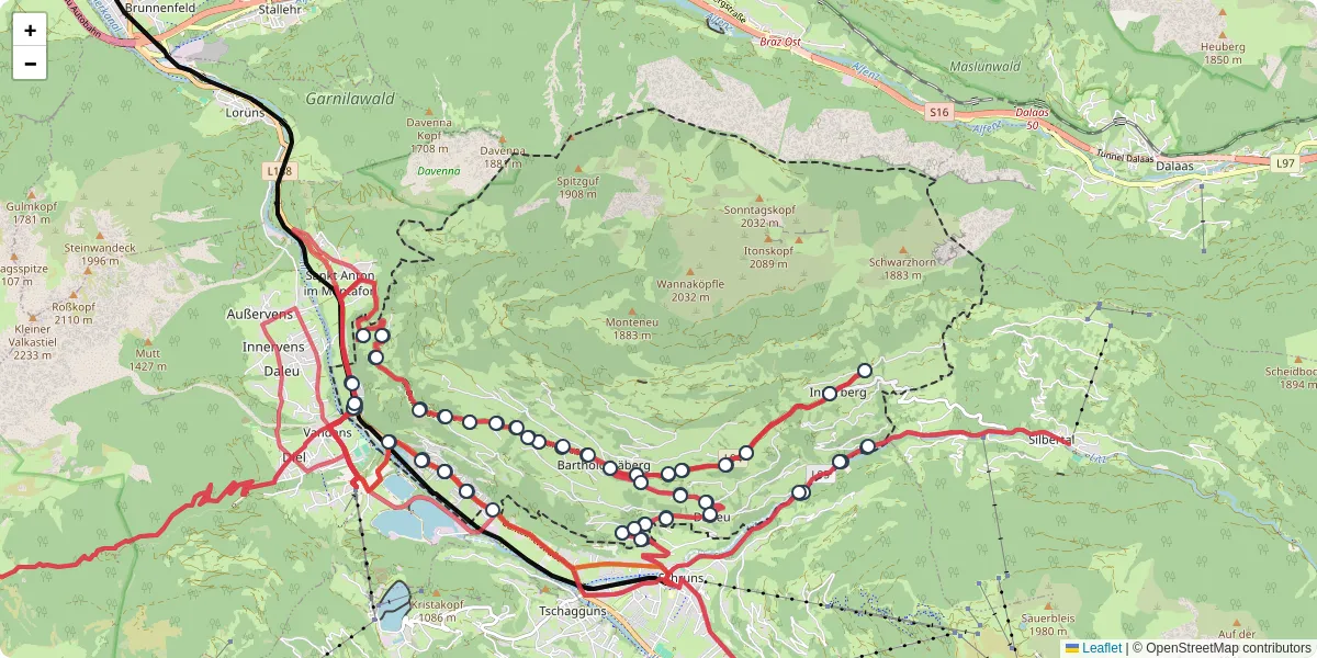 Nahverkehrsnetz in bartholomaberg, Österreich - Buslinien, Haltestellen und Verbindungen auf der Karte