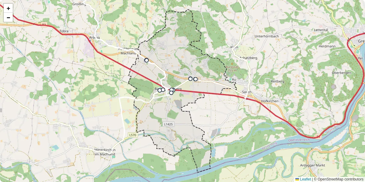 Nahverkehrsnetz in baumgartenberg, Österreich - Buslinien, Haltestellen und Verbindungen auf der Karte
