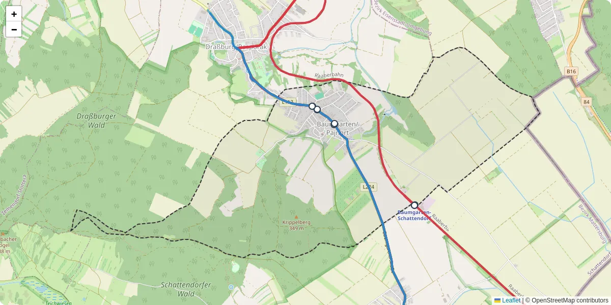 Nahverkehrsnetz in baumgartenpajngrt, Österreich - Buslinien, Haltestellen und Verbindungen auf der Karte
