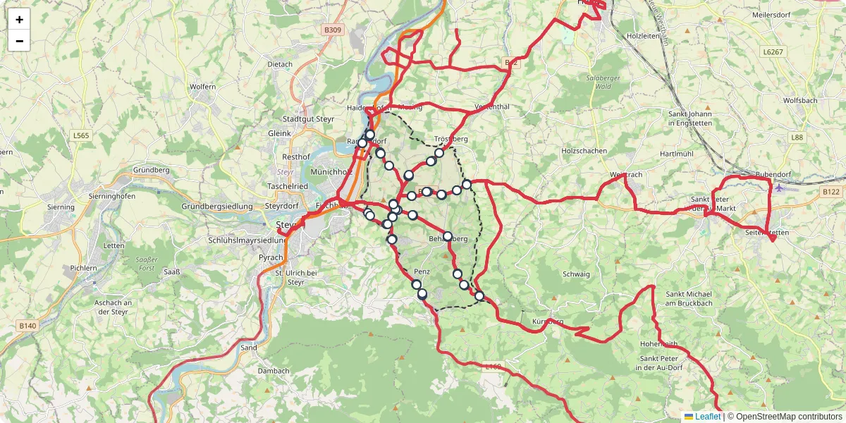 Nahverkehrsnetz in behamberg, Österreich - Buslinien, Haltestellen und Verbindungen auf der Karte