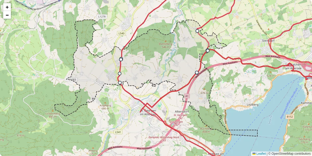 Nahverkehrsnetz in berg-im-attergau, Österreich - Buslinien, Haltestellen und Verbindungen auf der Karte