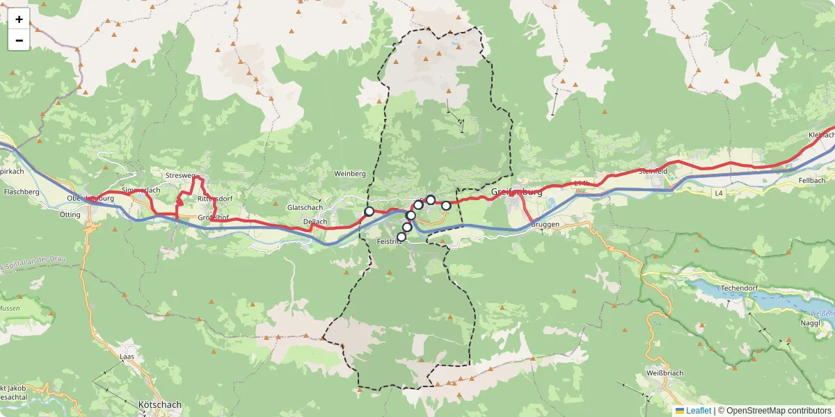 Nahverkehrsnetz in berg-im-drautal, Österreich - Buslinien, Haltestellen und Verbindungen auf der Karte