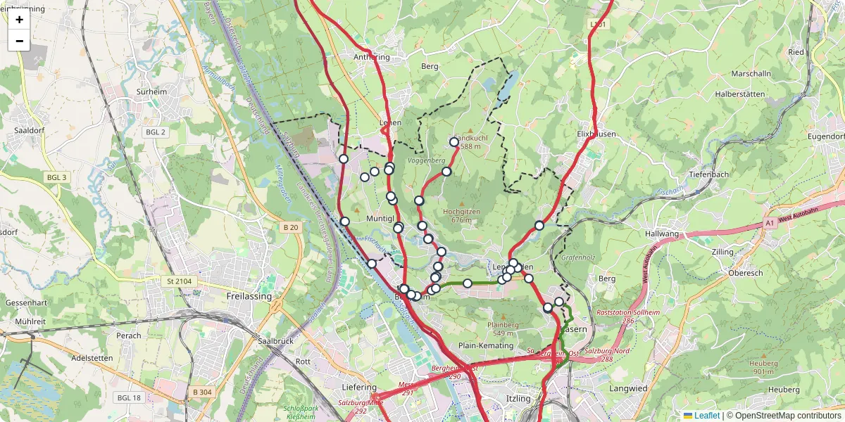 Nahverkehrsnetz in bergheim, Österreich - Buslinien, Haltestellen und Verbindungen auf der Karte