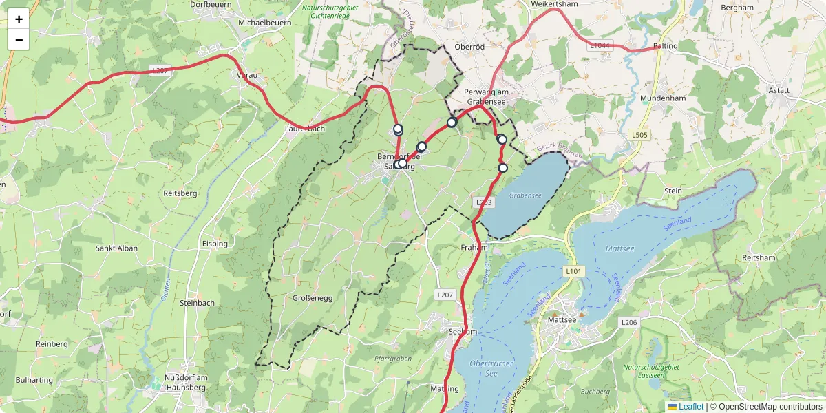 Nahverkehrsnetz in berndorf-bei-salzburg, Österreich - Buslinien, Haltestellen und Verbindungen auf der Karte