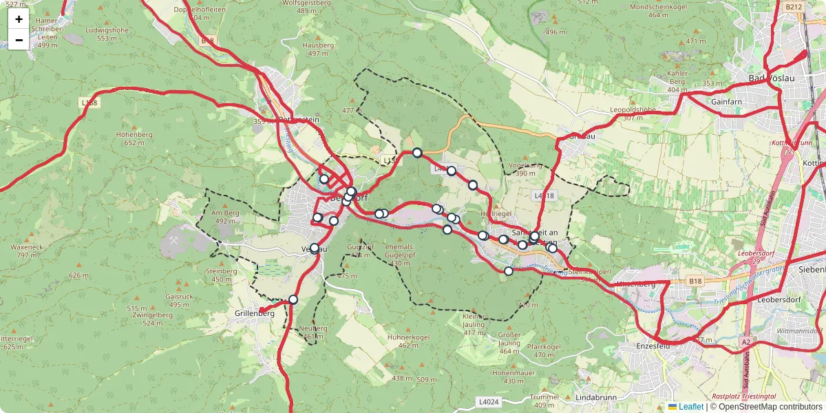 Nahverkehrsnetz in berndorf, Österreich - Buslinien, Haltestellen und Verbindungen auf der Karte