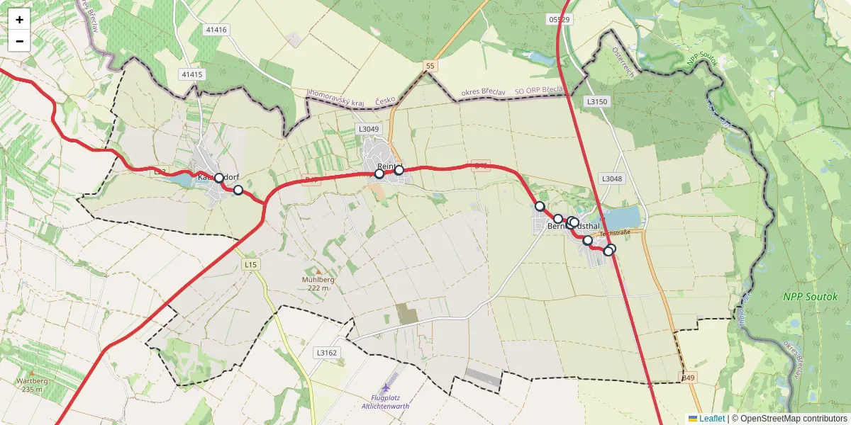 Nahverkehrsnetz in bernhardsthal, Österreich - Buslinien, Haltestellen und Verbindungen auf der Karte