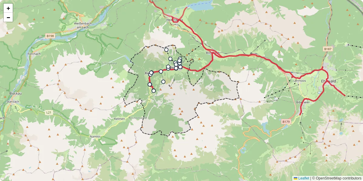 Nahverkehrsnetz in berwang, Österreich - Buslinien, Haltestellen und Verbindungen auf der Karte