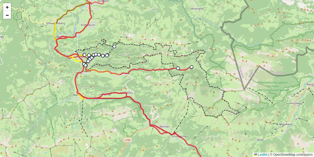 Nahverkehrsnetz in bezau, Österreich - Buslinien, Haltestellen und Verbindungen auf der Karte