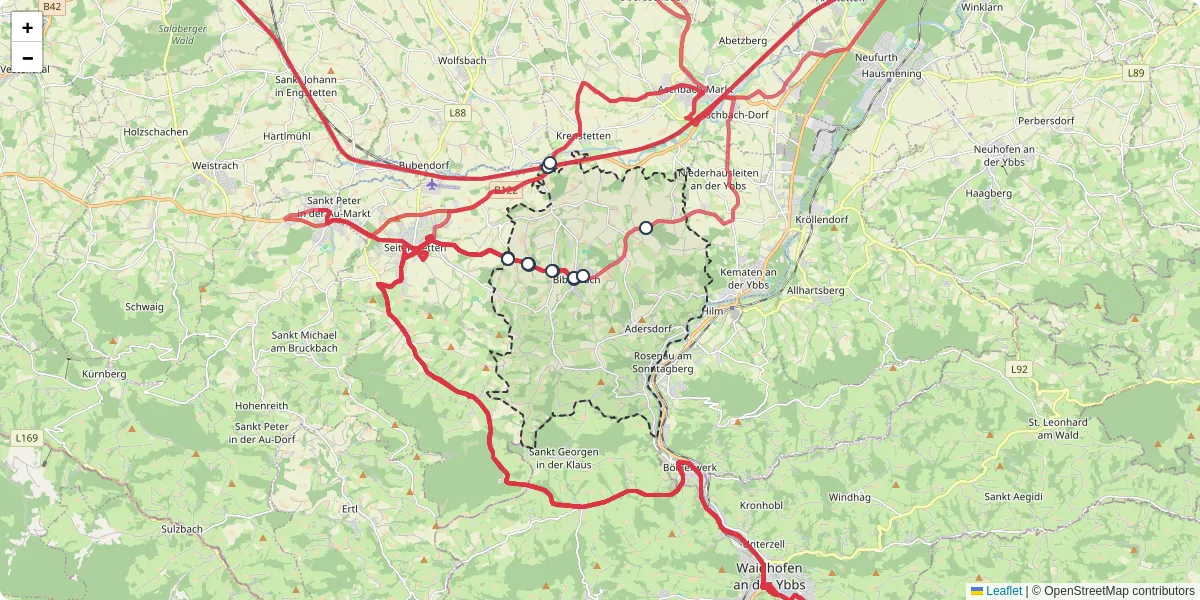 Nahverkehrsnetz in biberbach, Österreich - Buslinien, Haltestellen und Verbindungen auf der Karte