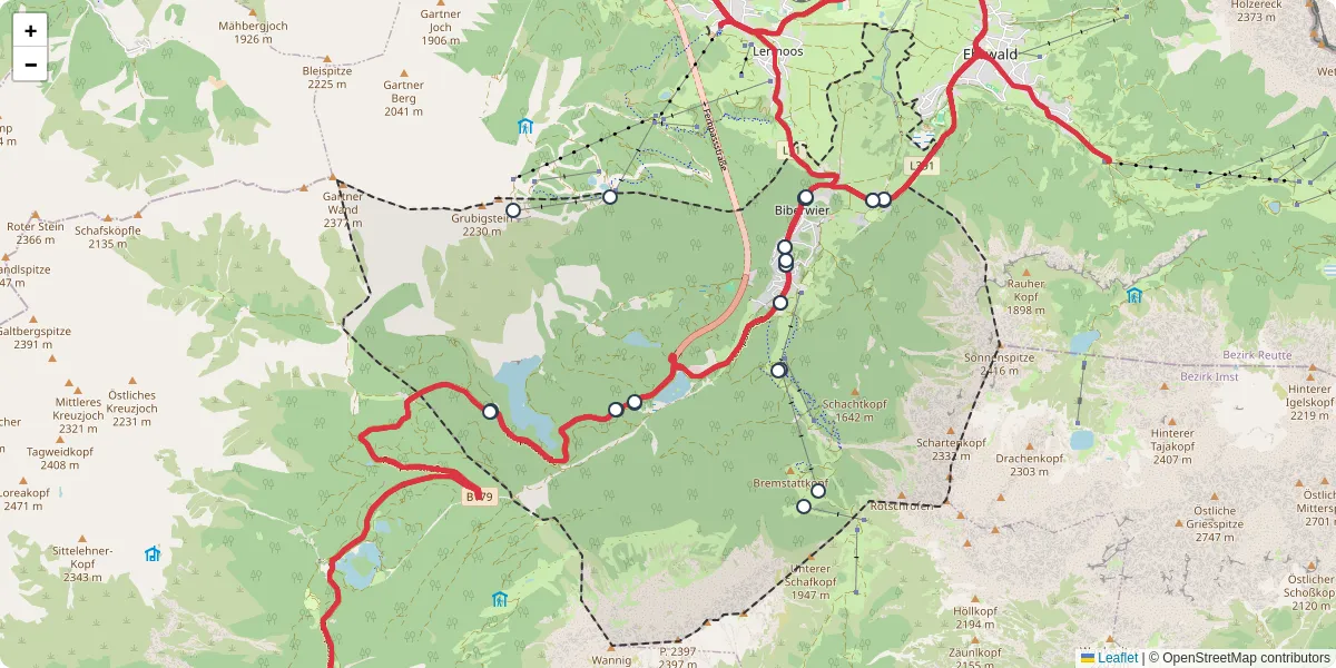 Nahverkehrsnetz in biberwier, Österreich - Buslinien, Haltestellen und Verbindungen auf der Karte