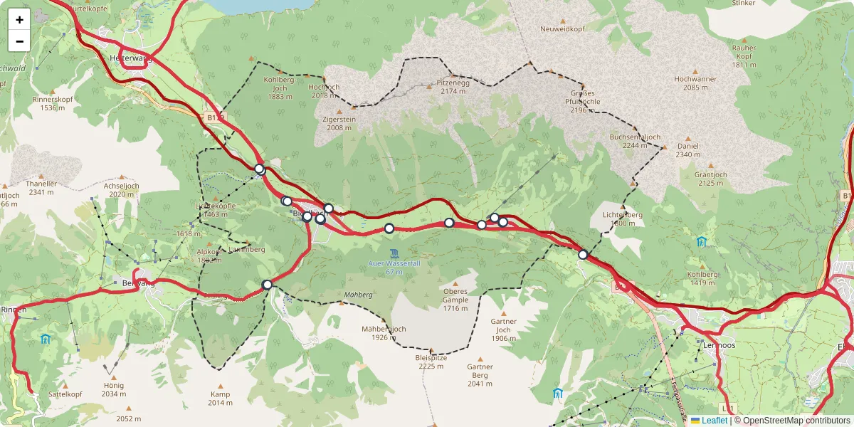 Nahverkehrsnetz in bichlbach, Österreich - Buslinien, Haltestellen und Verbindungen auf der Karte