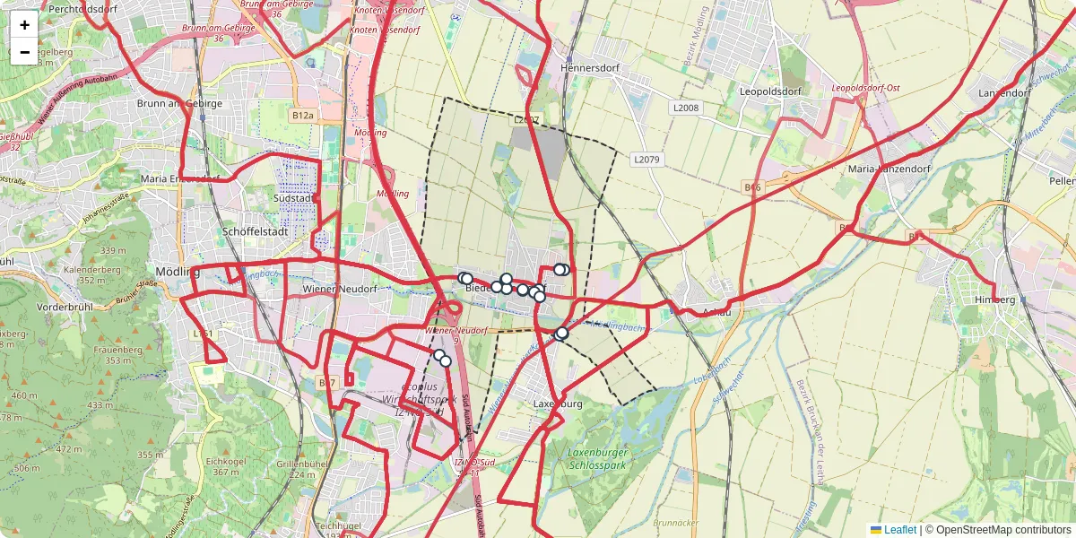 Nahverkehrsnetz in biedermannsdorf, Österreich - Buslinien, Haltestellen und Verbindungen auf der Karte