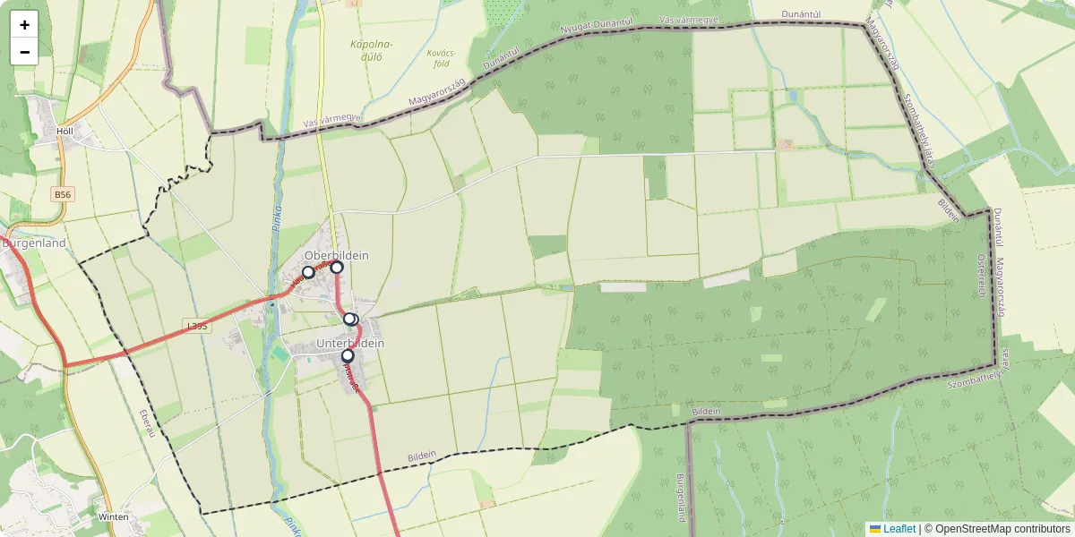 Nahverkehrsnetz in bildein, Österreich - Buslinien, Haltestellen und Verbindungen auf der Karte