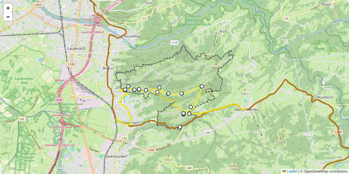Nahverkehrsnetz in bildstein, Österreich - Buslinien, Haltestellen und Verbindungen auf der Karte