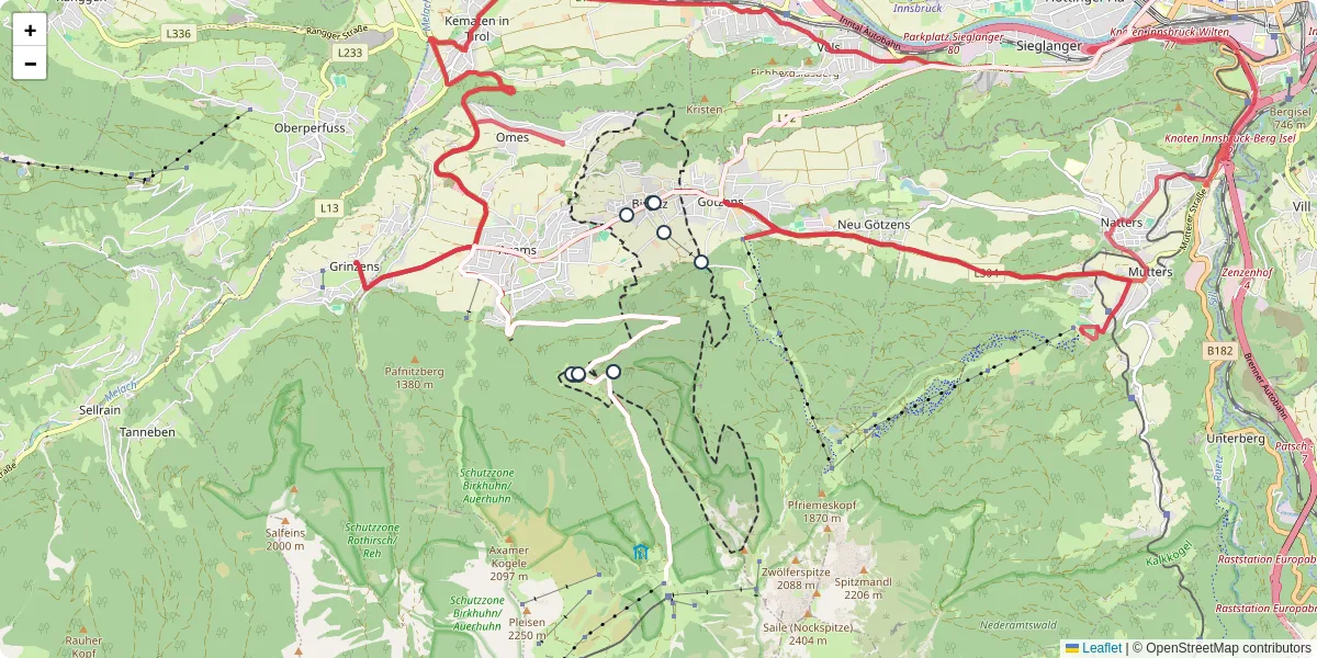Nahverkehrsnetz in birgitz, Österreich - Buslinien, Haltestellen und Verbindungen auf der Karte