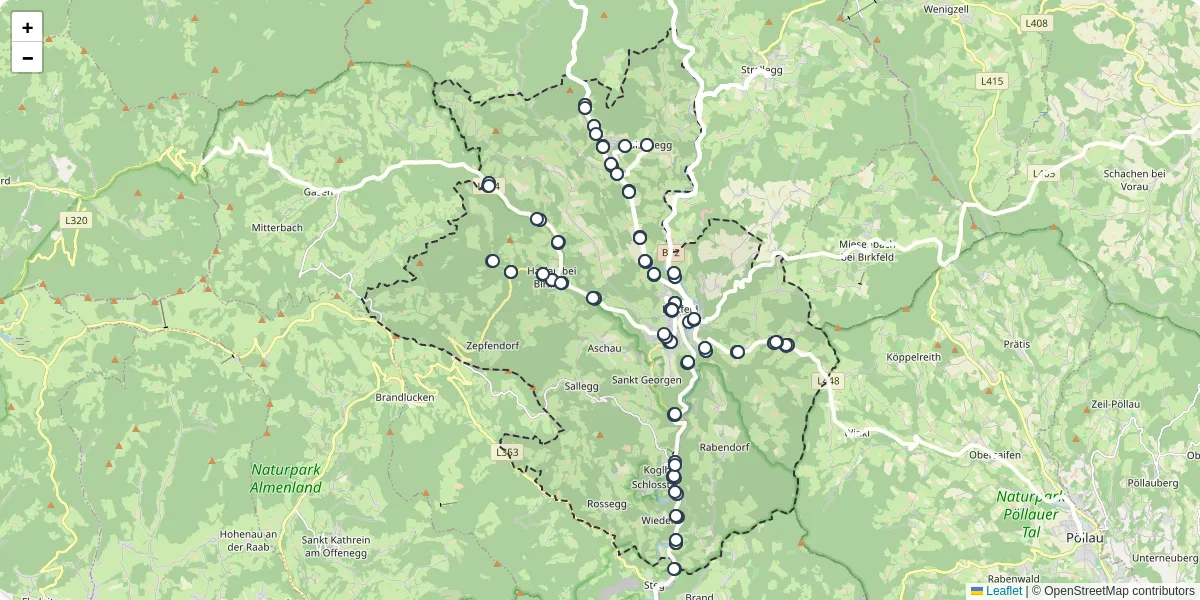 Nahverkehrsnetz in birkfeld, Österreich - Buslinien, Haltestellen und Verbindungen auf der Karte