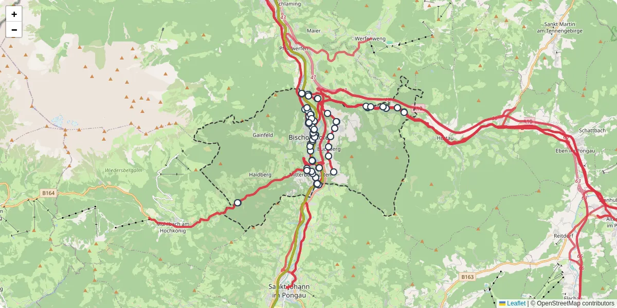 Nahverkehrsnetz in bischofshofen, Österreich - Buslinien, Haltestellen und Verbindungen auf der Karte