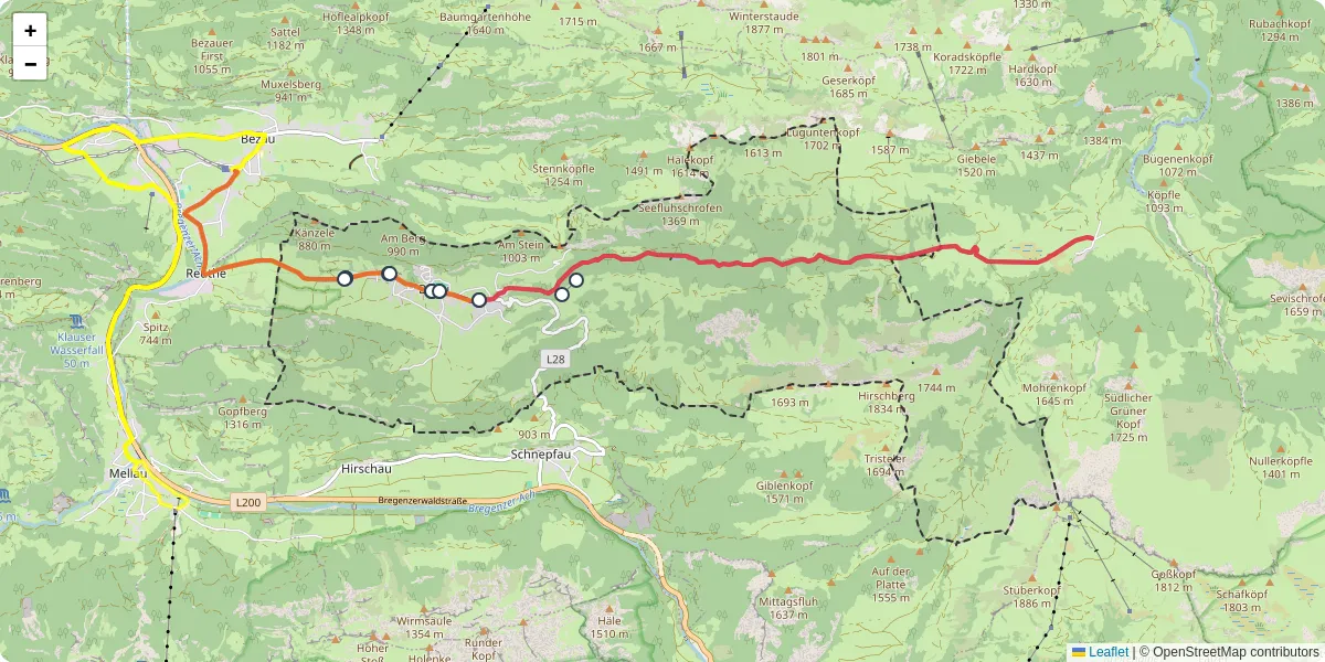 Nahverkehrsnetz in bizau, Österreich - Buslinien, Haltestellen und Verbindungen auf der Karte