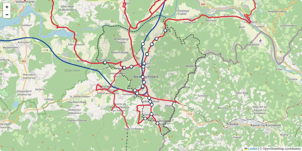 Nahverkehrsnetz in bleiburg, Österreich - Buslinien, Haltestellen und Verbindungen auf der Karte