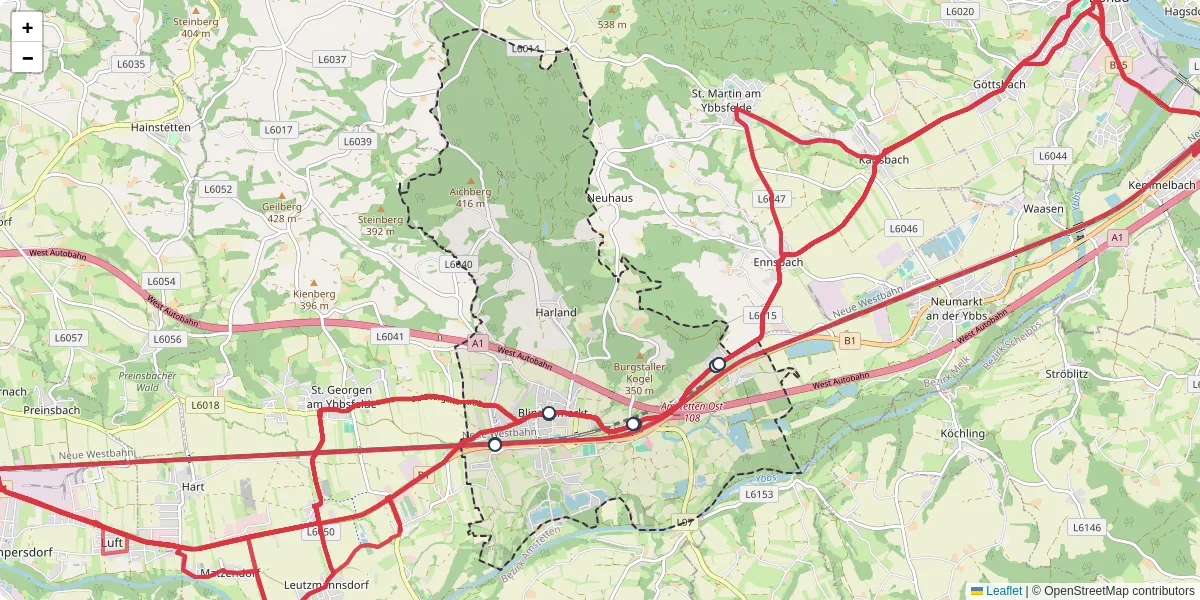 Nahverkehrsnetz in blindenmarkt, Österreich - Buslinien, Haltestellen und Verbindungen auf der Karte