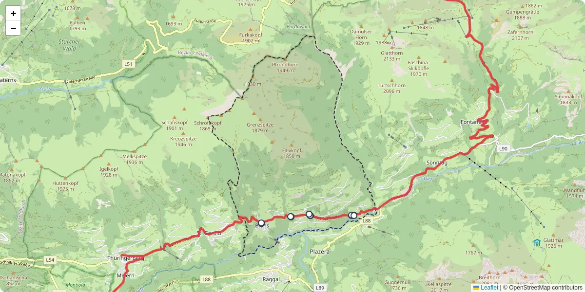 Nahverkehrsnetz in blons, Österreich - Buslinien, Haltestellen und Verbindungen auf der Karte