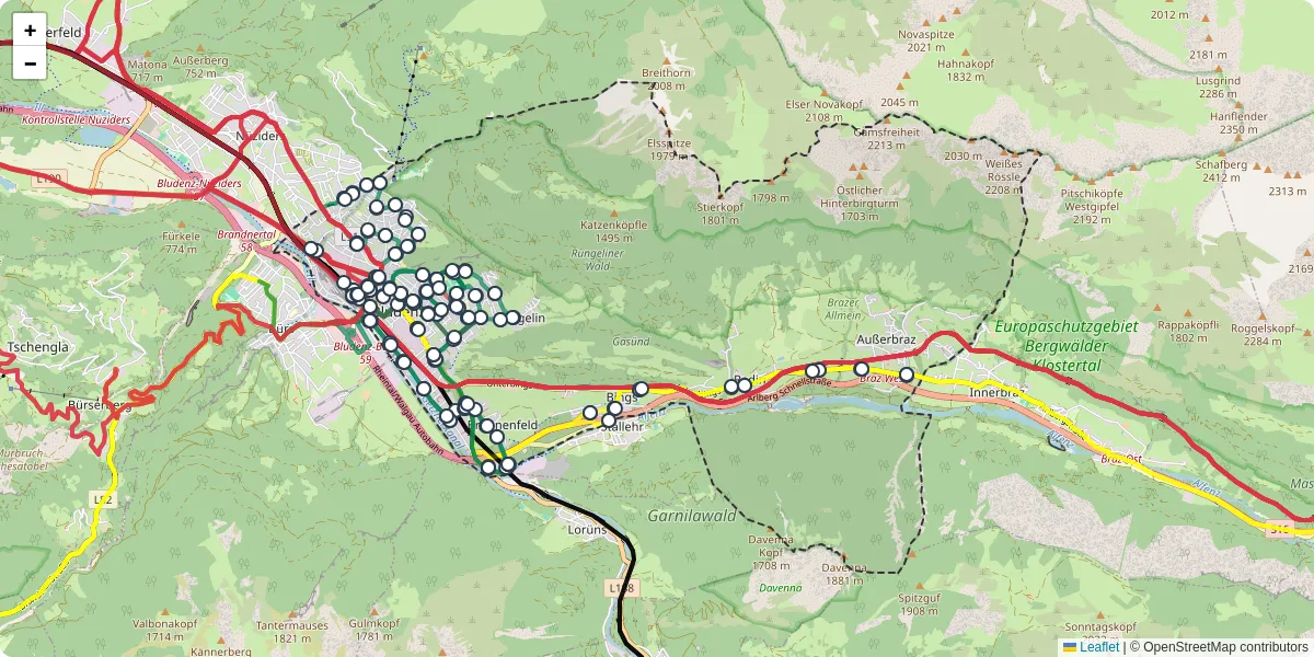 Nahverkehrsnetz in bludenz, Österreich - Buslinien, Haltestellen und Verbindungen auf der Karte