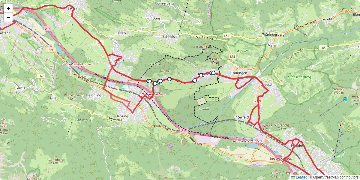 Nahverkehrsnetz in bludesch, Österreich - Buslinien, Haltestellen und Verbindungen auf der Karte