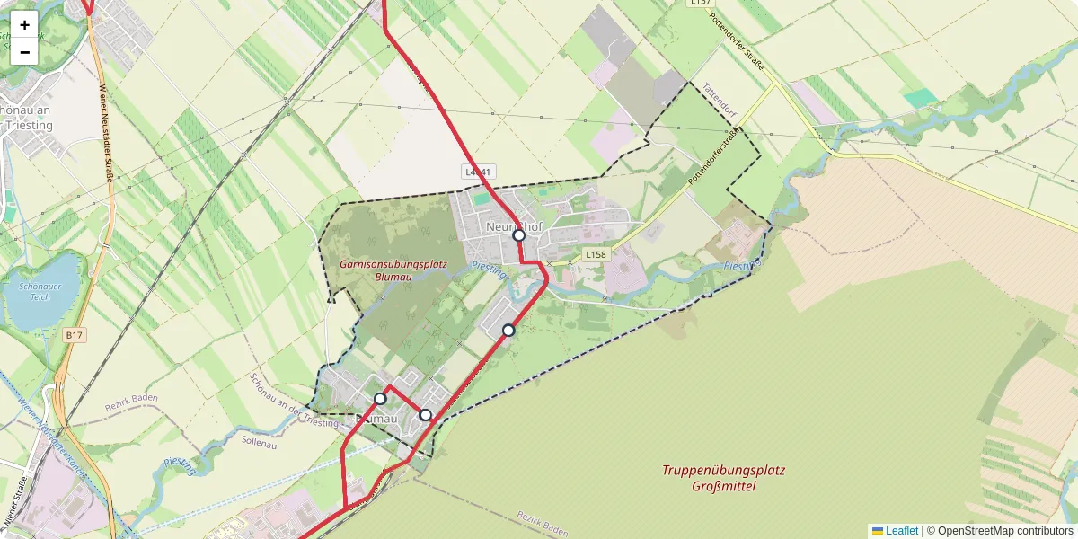 Nahverkehrsnetz in blumau-neurihof, Österreich - Buslinien, Haltestellen und Verbindungen auf der Karte