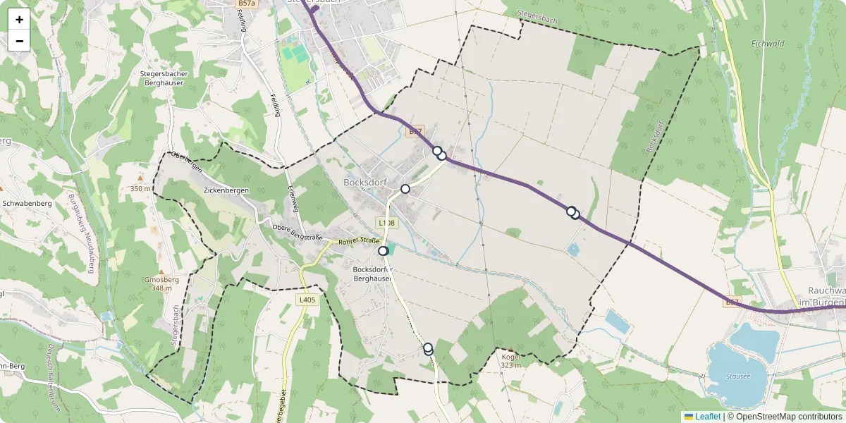 Nahverkehrsnetz in bocksdorf, Österreich - Buslinien, Haltestellen und Verbindungen auf der Karte
