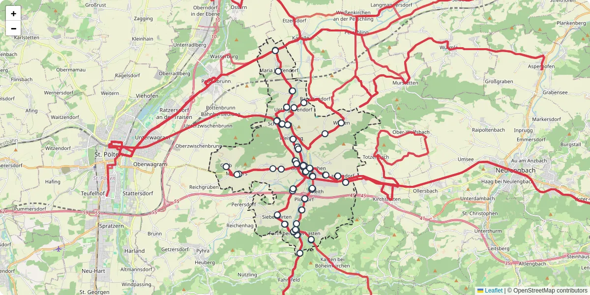 Nahverkehrsnetz in boheimkirchen, Österreich - Buslinien, Haltestellen und Verbindungen auf der Karte