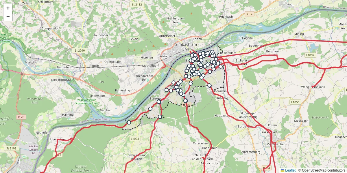 Nahverkehrsnetz in braunau-am-inn, Österreich - Buslinien, Haltestellen und Verbindungen auf der Karte