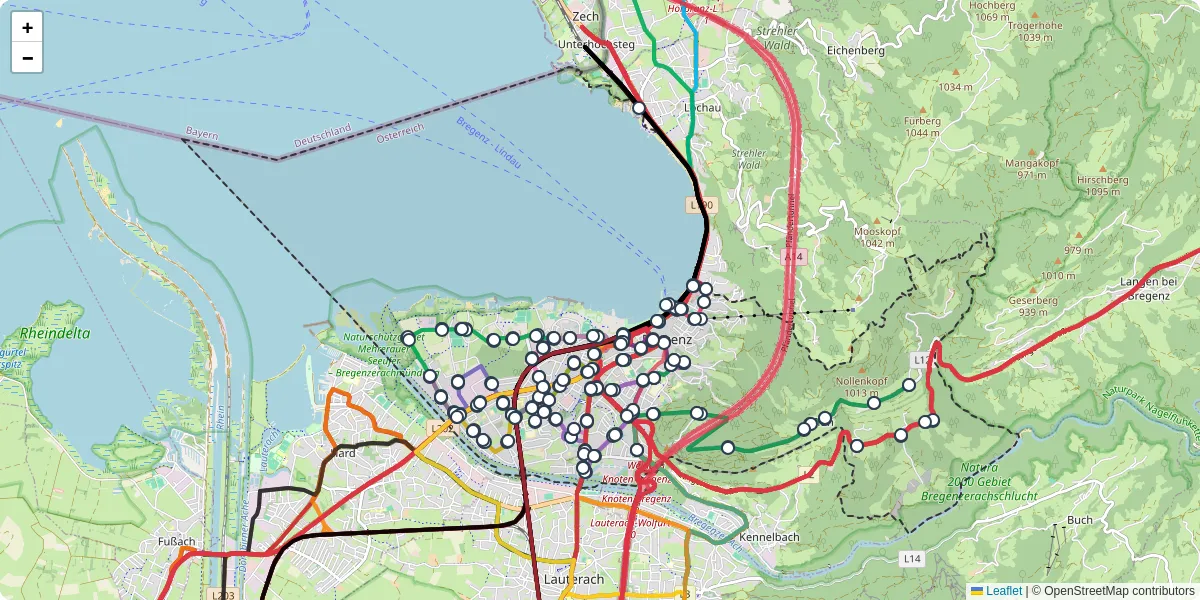 Nahverkehrsnetz in bregenz, Österreich - Buslinien, Haltestellen und Verbindungen auf der Karte