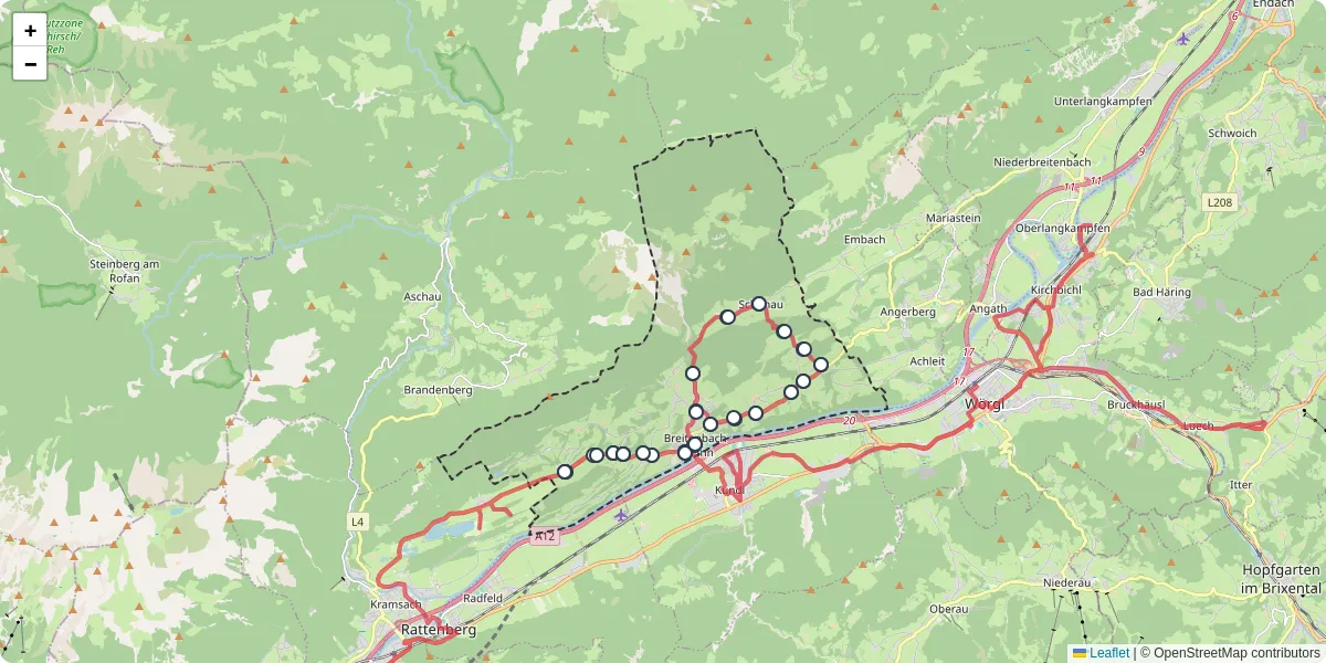 Nahverkehrsnetz in breitenbach-am-inn, Österreich - Buslinien, Haltestellen und Verbindungen auf der Karte