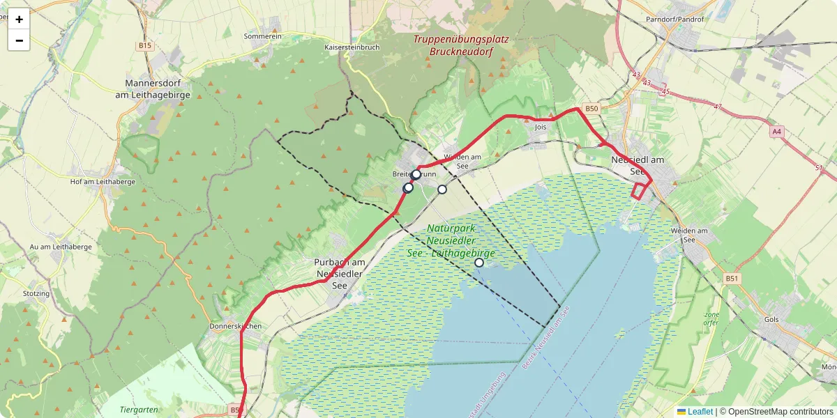 Nahverkehrsnetz in breitenbrunn, Österreich - Buslinien, Haltestellen und Verbindungen auf der Karte