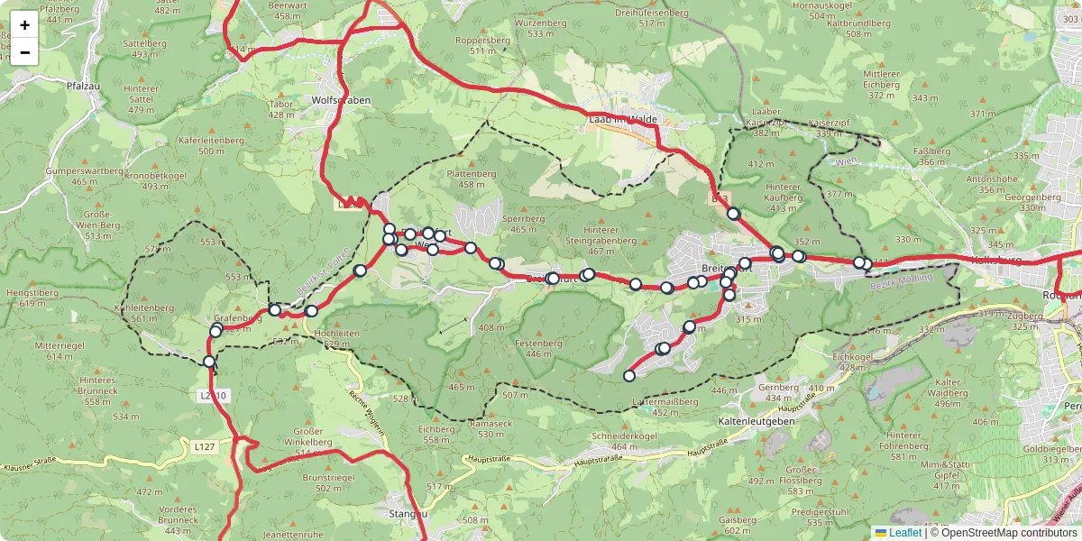 Nahverkehrsnetz in breitenfurt-bei-wien, Österreich - Buslinien, Haltestellen und Verbindungen auf der Karte