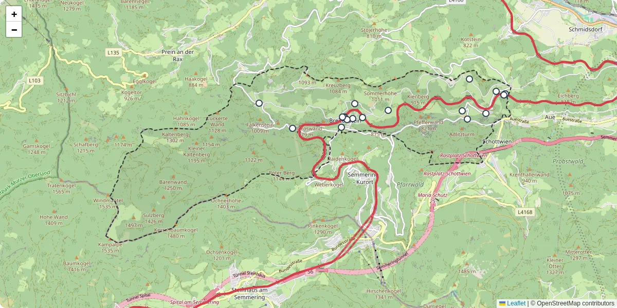 Nahverkehrsnetz in breitenstein, Österreich - Buslinien, Haltestellen und Verbindungen auf der Karte