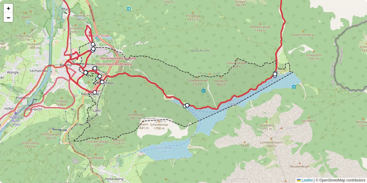 Nahverkehrsnetz in breitenwang, Österreich - Buslinien, Haltestellen und Verbindungen auf der Karte