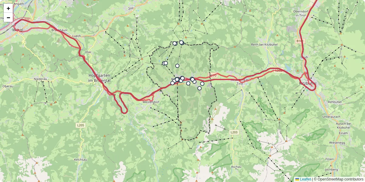 Nahverkehrsnetz in brixen-im-thale, Österreich - Buslinien, Haltestellen und Verbindungen auf der Karte