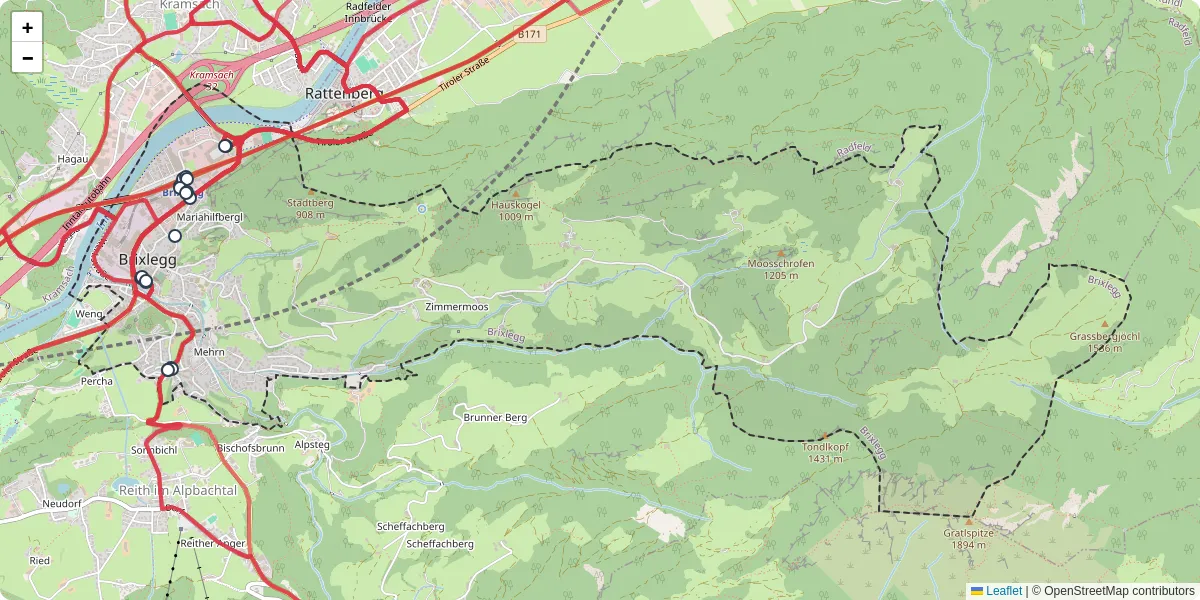 Nahverkehrsnetz in brixlegg, Österreich - Buslinien, Haltestellen und Verbindungen auf der Karte