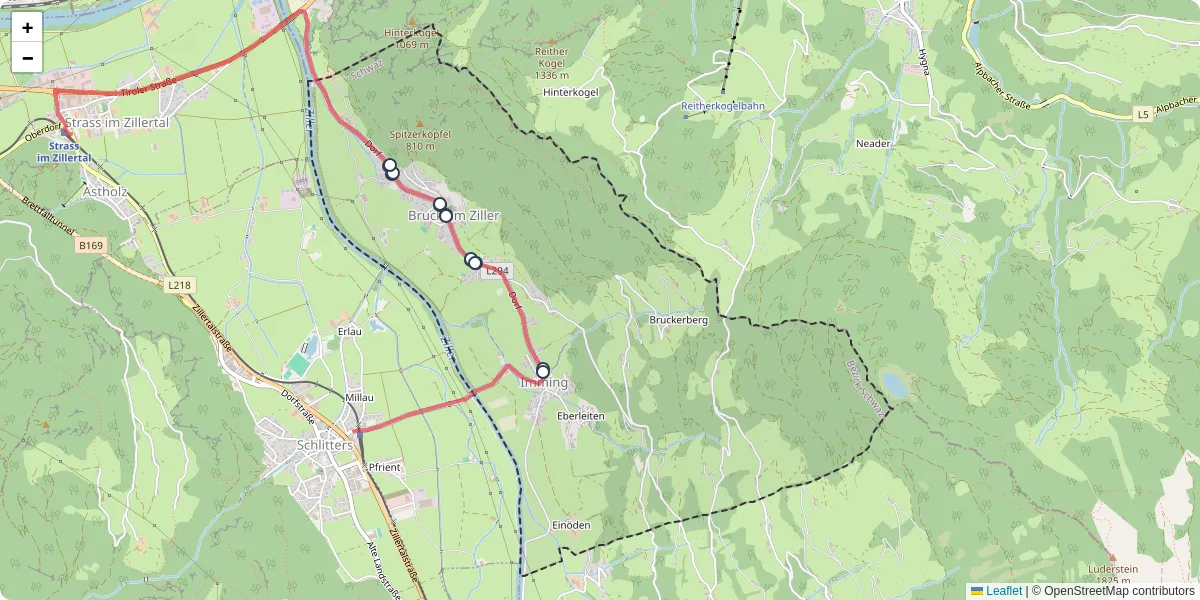 Nahverkehrsnetz in bruck-am-ziller, Österreich - Buslinien, Haltestellen und Verbindungen auf der Karte