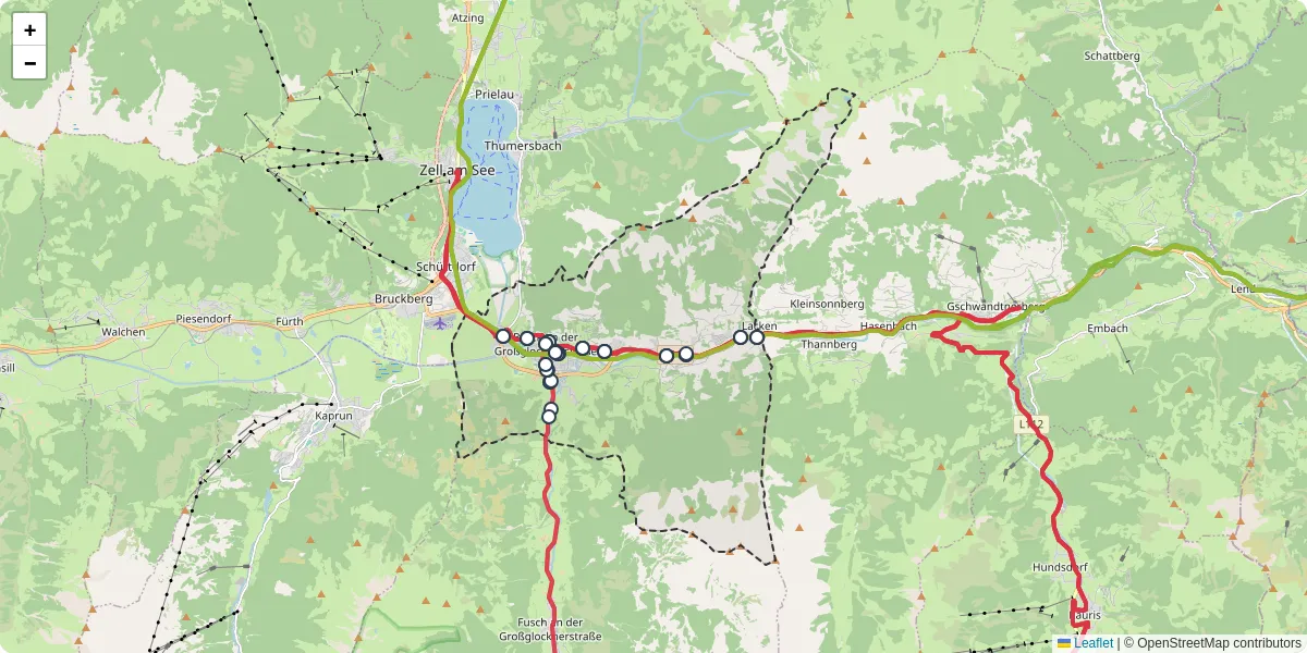 Nahverkehrsnetz in bruck-an-der-groglocknerstrae, Österreich - Buslinien, Haltestellen und Verbindungen auf der Karte