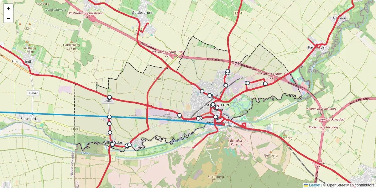 Nahverkehrsnetz in bruck-an-der-leitha, Österreich - Buslinien, Haltestellen und Verbindungen auf der Karte