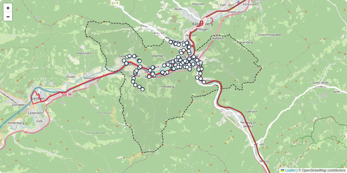 Nahverkehrsnetz in bruck-an-der-mur, Österreich - Buslinien, Haltestellen und Verbindungen auf der Karte
