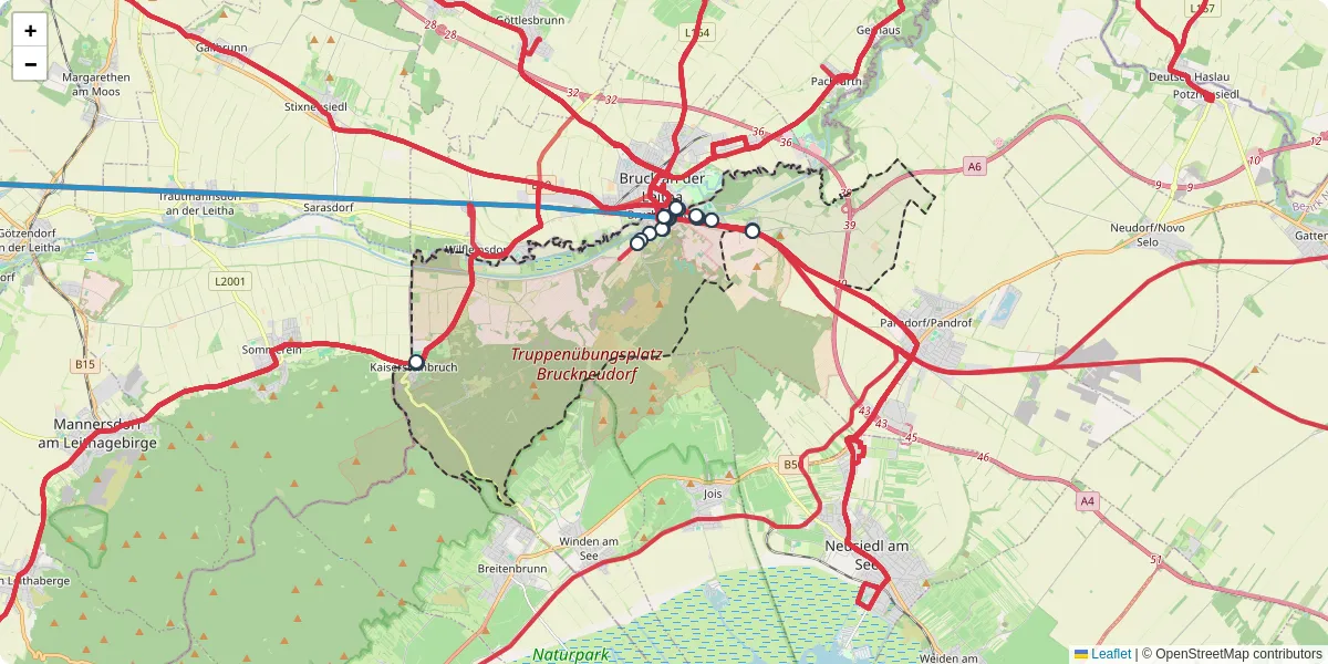 Nahverkehrsnetz in bruckneudorf, Österreich - Buslinien, Haltestellen und Verbindungen auf der Karte
