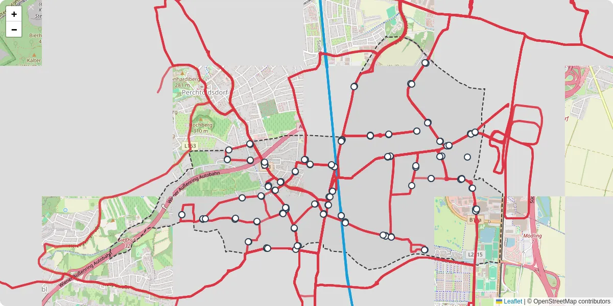Nahverkehrsnetz in brunn-am-gebirge, Österreich - Buslinien, Haltestellen und Verbindungen auf der Karte