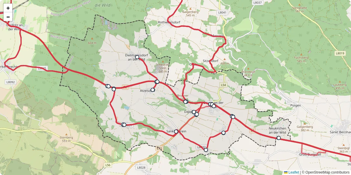 Nahverkehrsnetz in brunn-an-der-wild, Österreich - Buslinien, Haltestellen und Verbindungen auf der Karte