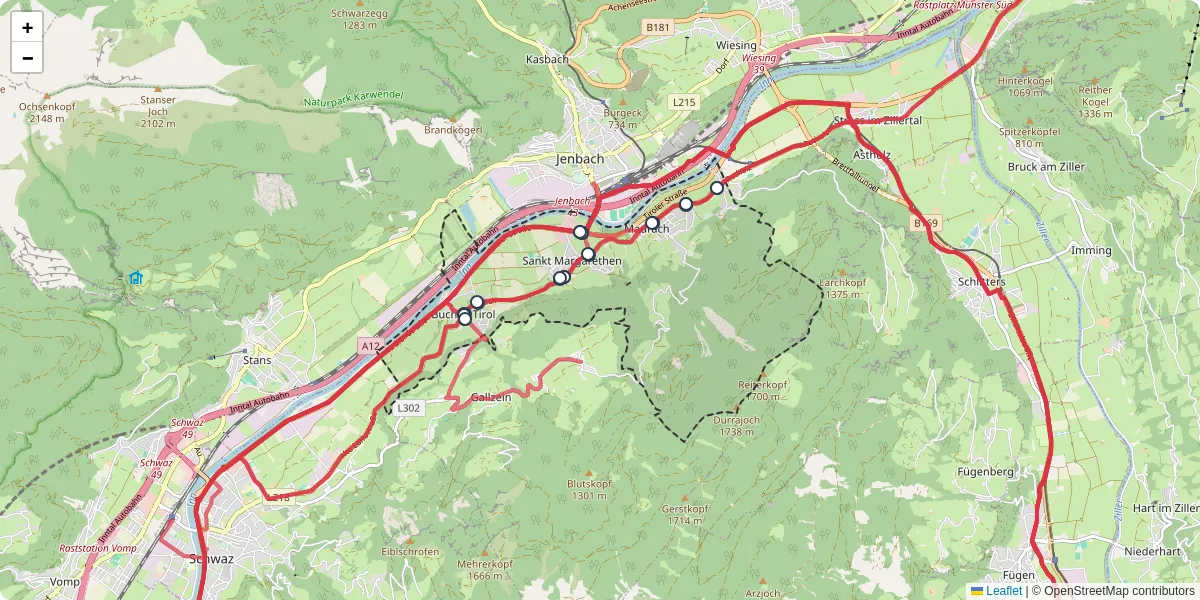 Nahverkehrsnetz in buch-in-tirol, Österreich - Buslinien, Haltestellen und Verbindungen auf der Karte