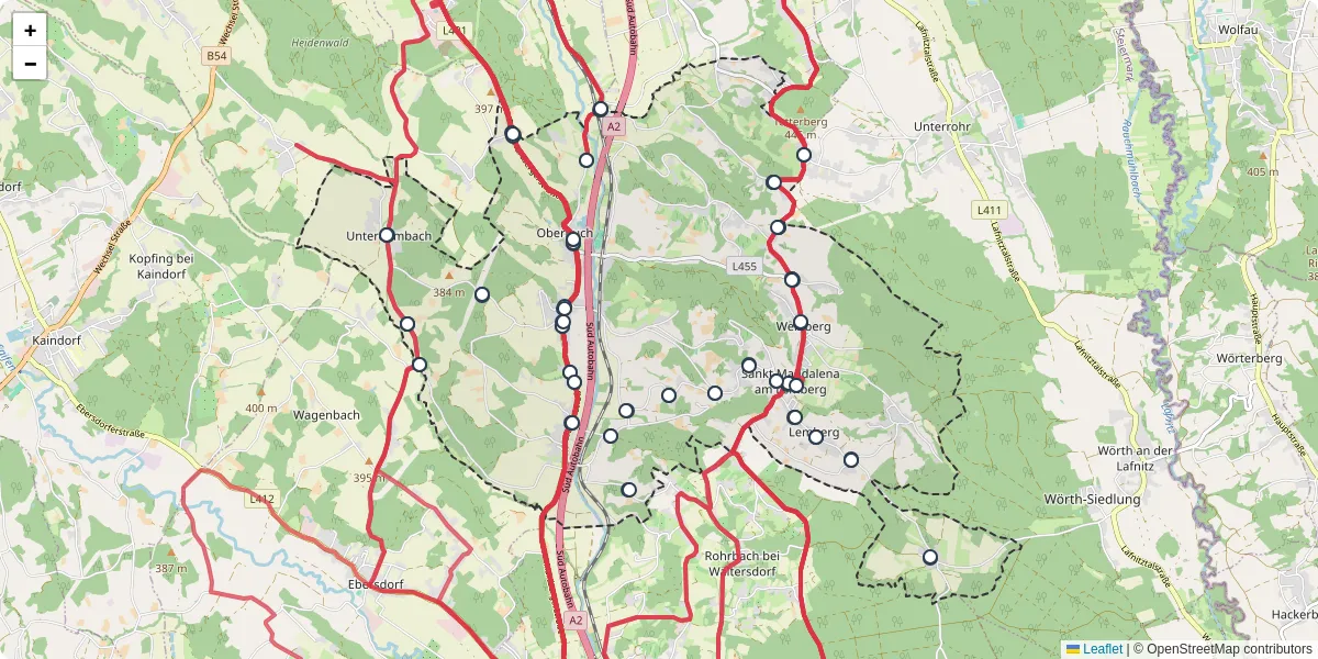 Nahverkehrsnetz in buch-sankt-magdalena, Österreich - Buslinien, Haltestellen und Verbindungen auf der Karte