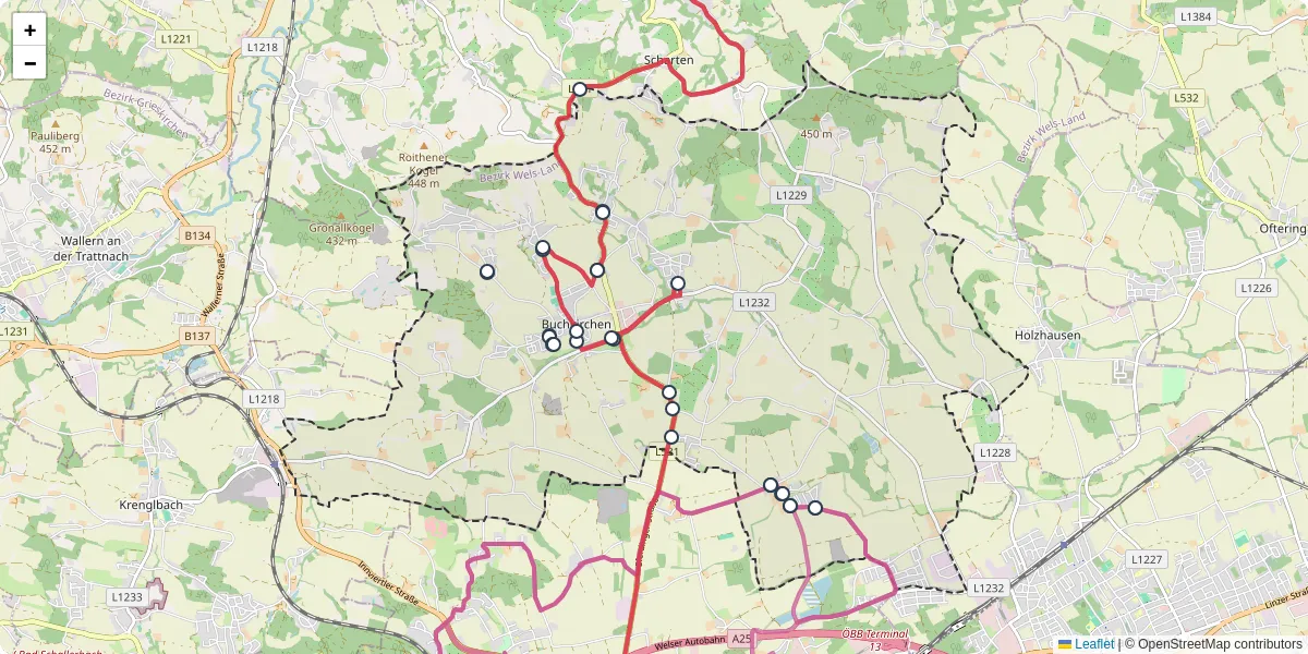 Nahverkehrsnetz in buchkirchen, Österreich - Buslinien, Haltestellen und Verbindungen auf der Karte